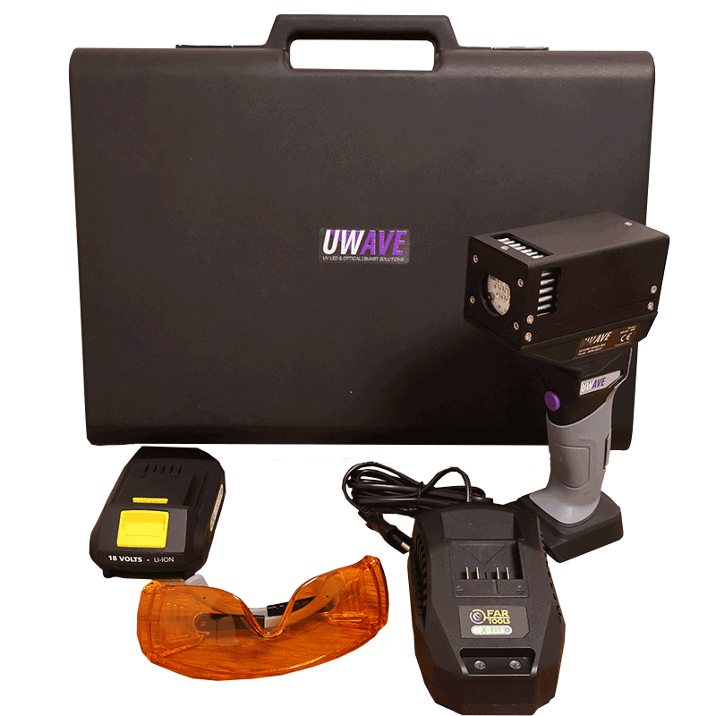 UCURE-HAND: UV LED Curing lamp, with battery, charger and UV protection glasses. Complete kit for a safe and portable curing and bonding applications